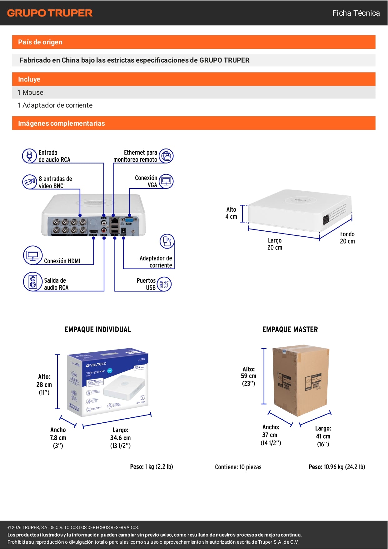 DVR VOLTECK 8 canales 5MP para posicionamiento total de cámaras. Grabación por cable estable, imagen HD y monitoreo 24/7. Ideal para