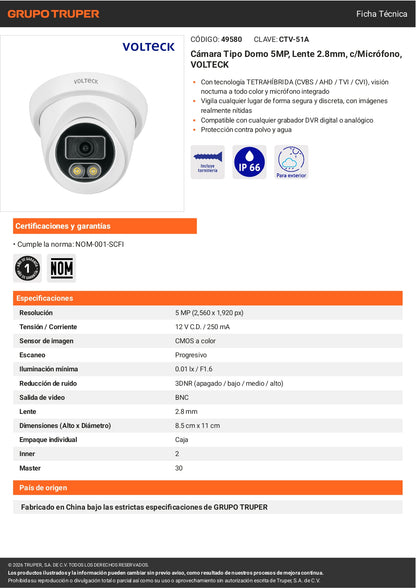 Cámara Domo IP 5MP Lente 2.8mm con Micrófono | VOLTECK CTV-51A