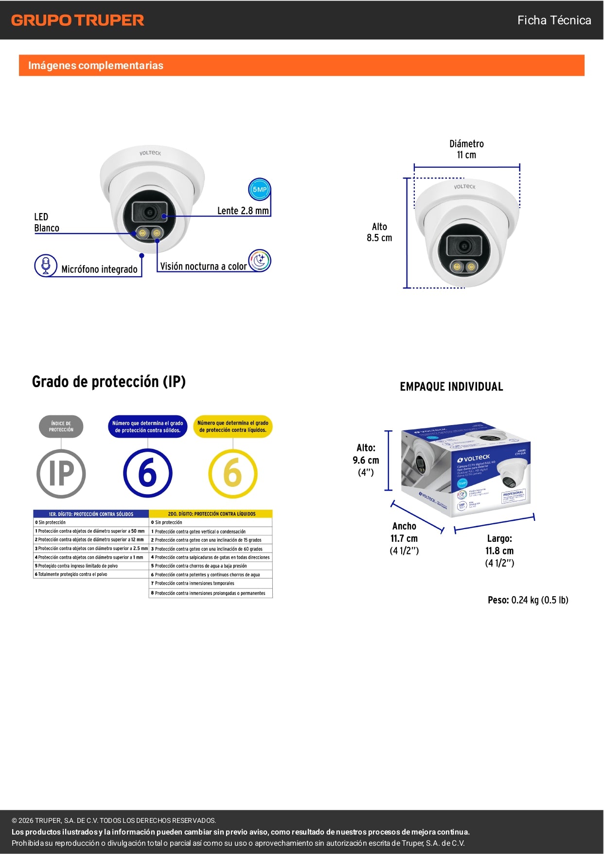 Cámara Domo IP 5MP Lente 2.8mm con Micrófono | VOLTECK CTV-51A
