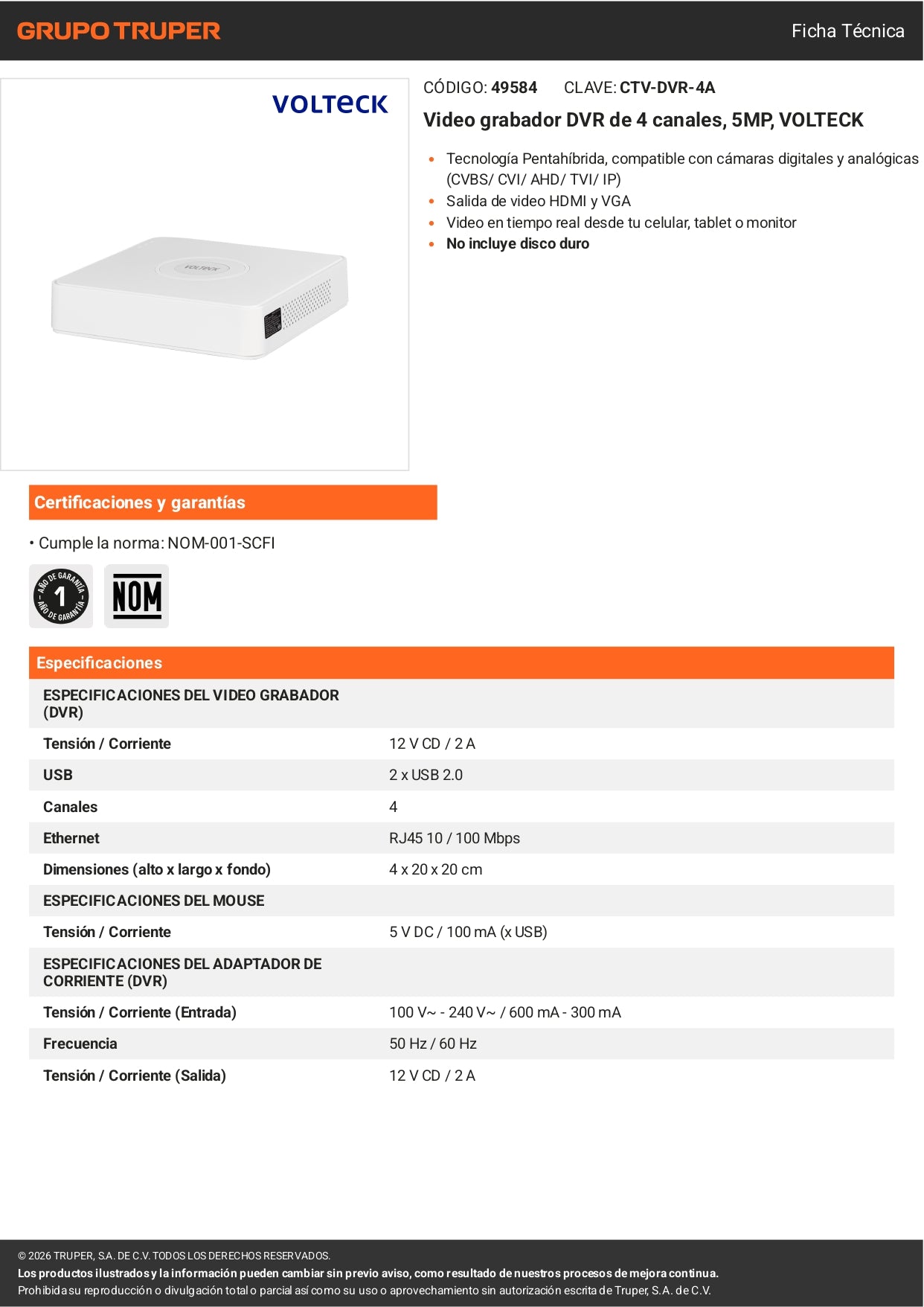 Grabador DVR VOLTECK de 4 canales y 5MP. Conexión por cable estable, posicionamiento flexible de cámaras y acceso remoto. Ideal para negocios y hogar.