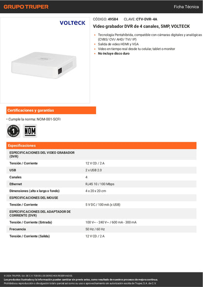 Grabador DVR VOLTECK de 4 canales y 5MP. Conexión por cable estable, posicionamiento flexible de cámaras y acceso remoto. Ideal para negocios y hogar.