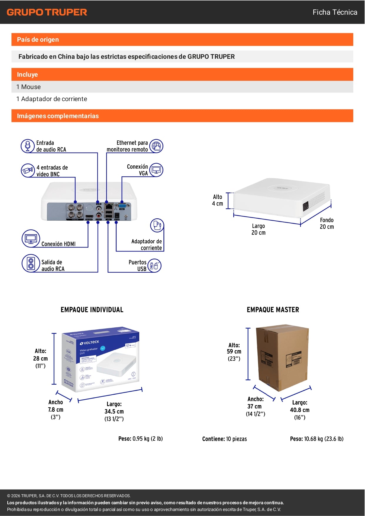 Grabador DVR VOLTECK de 4 canales y 5MP. Conexión por cable estable, posicionamiento flexible de cámaras y acceso remoto. Ideal para negocios y hogar.