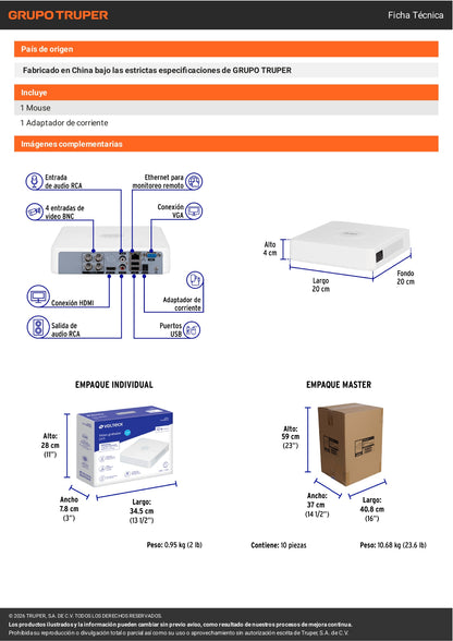 Grabador DVR VOLTECK de 4 canales y 5MP. Conexión por cable estable, posicionamiento flexible de cámaras y acceso remoto. Ideal para negocios y hogar.