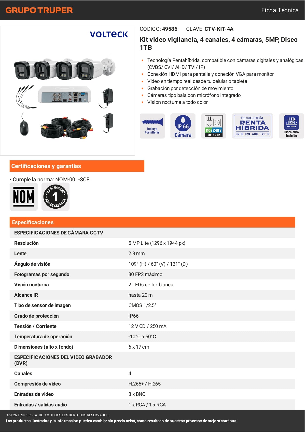 Kit de Videovigilancia 4 Cámaras 5MP DVR 4 Canales 1TB VOLTECK®