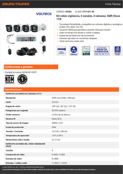 Kit de Videovigilancia 4 Cámaras 5MP DVR 4 Canales 1TB VOLTECK®