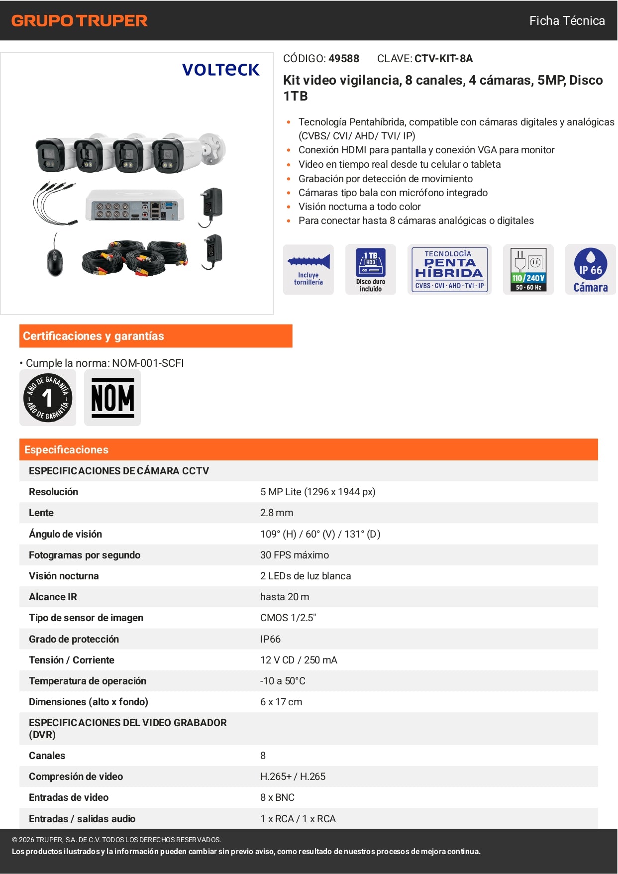 Kit de videovigilancia VOLTECK® con DVR 8 canales, 4 cámaras de 5MP y disco duro de 1TB. Ideal para negocios y hogares.