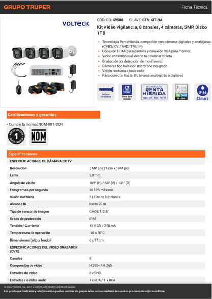 Kit de videovigilancia VOLTECK® con DVR 8 canales, 4 cámaras de 5MP y disco duro de 1TB. Ideal para negocios y hogares.