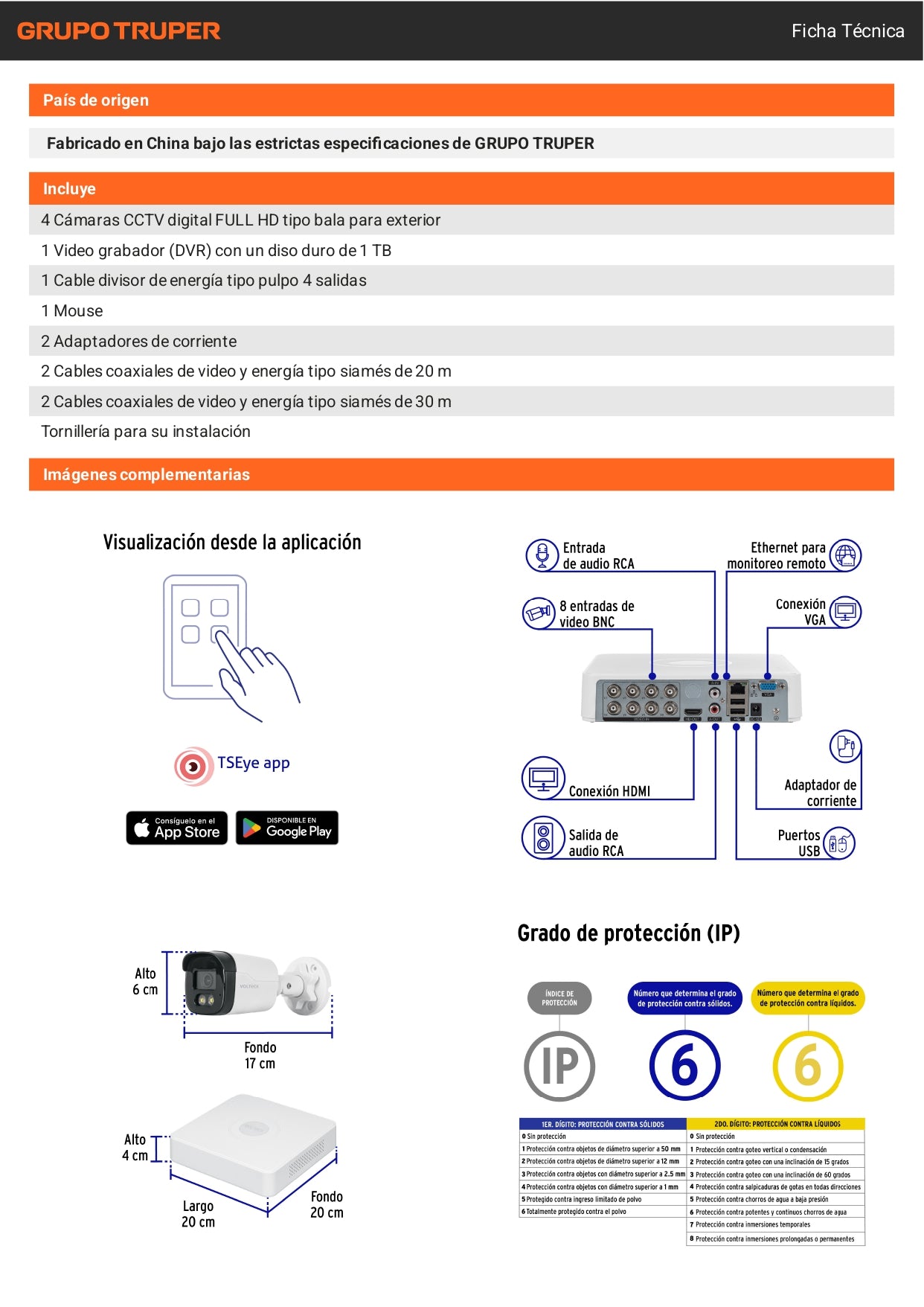 Kit de videovigilancia VOLTECK® con DVR 8 canales, 4 cámaras de 5MP y disco duro de 1TB. Ideal para negocios y hogares.