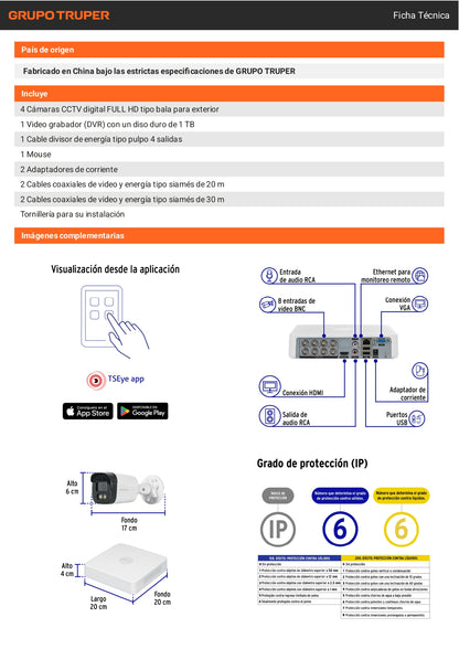 Kit de videovigilancia VOLTECK® con DVR 8 canales, 4 cámaras de 5MP y disco duro de 1TB. Ideal para negocios y hogares.