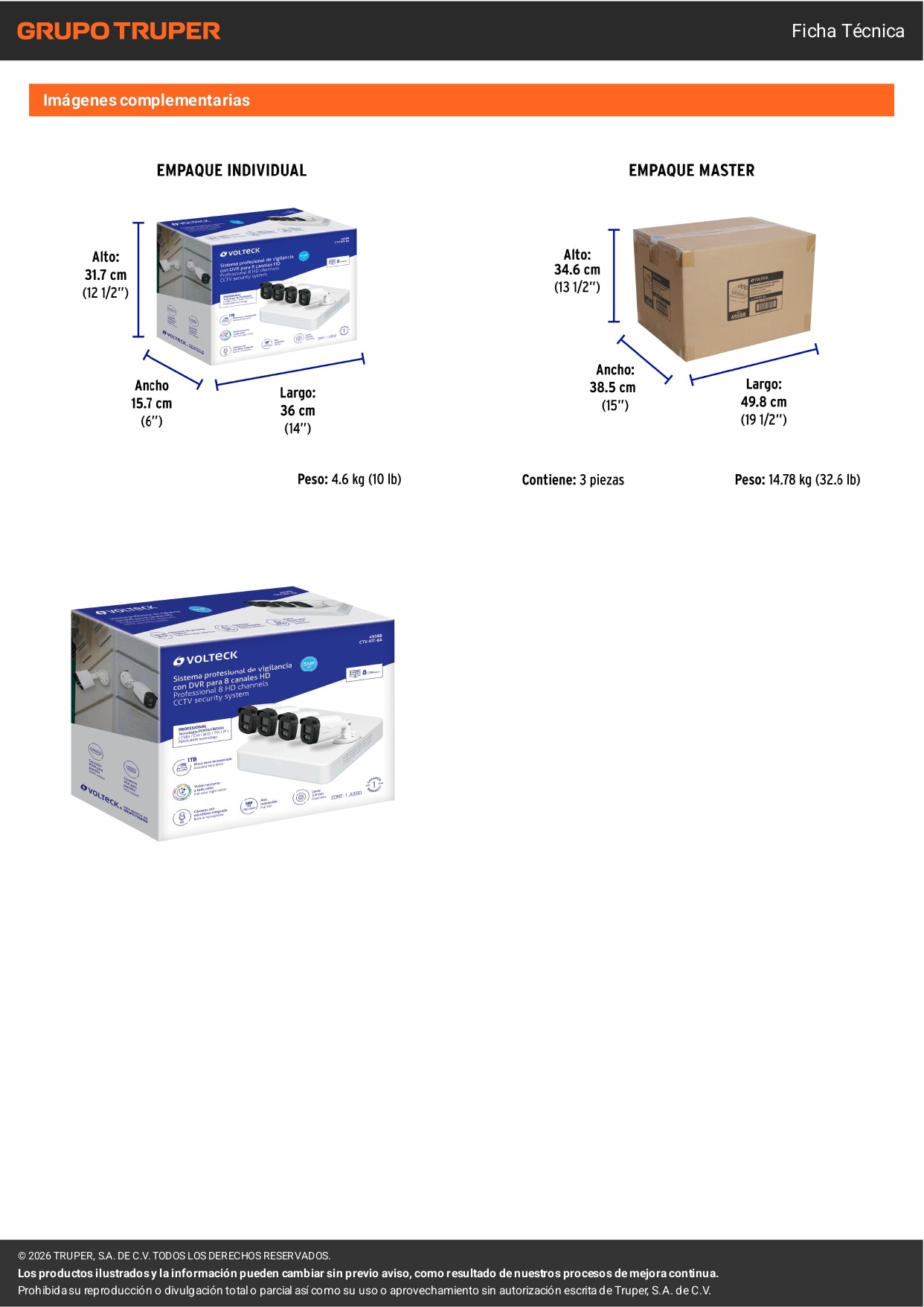 Kit de videovigilancia VOLTECK® con DVR 8 canales, 4 cámaras de 5MP y disco duro de 1TB. Ideal para negocios y hogares.