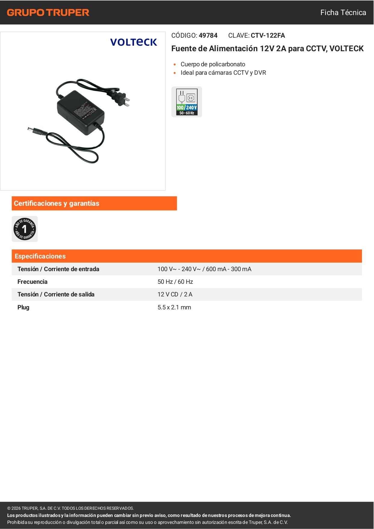 Fuente de Alimentación 12V 2A para CCTV VOLTECK | Cable DC Incluido