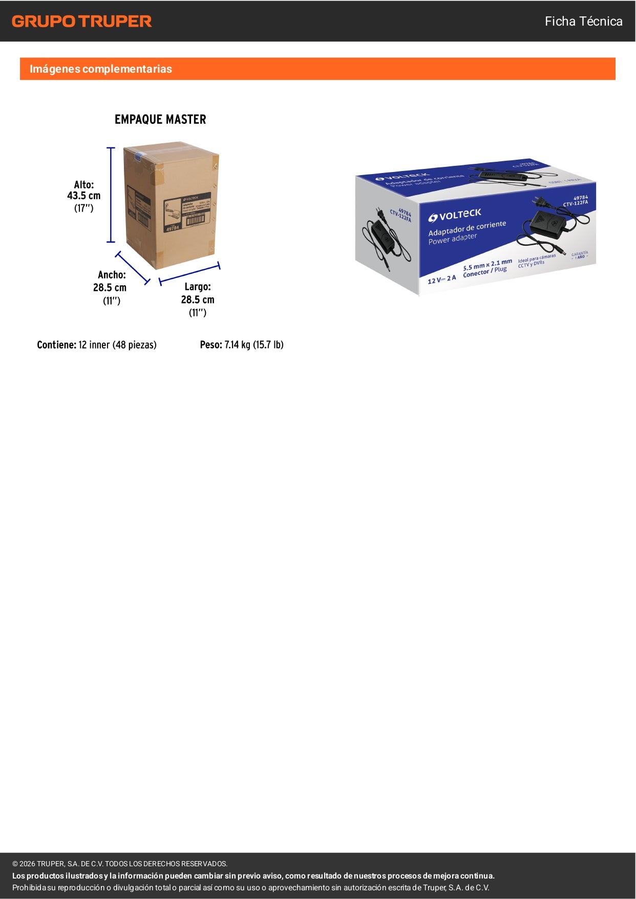 Fuente de Alimentación 12V 2A para CCTV VOLTECK | Cable DC Incluido