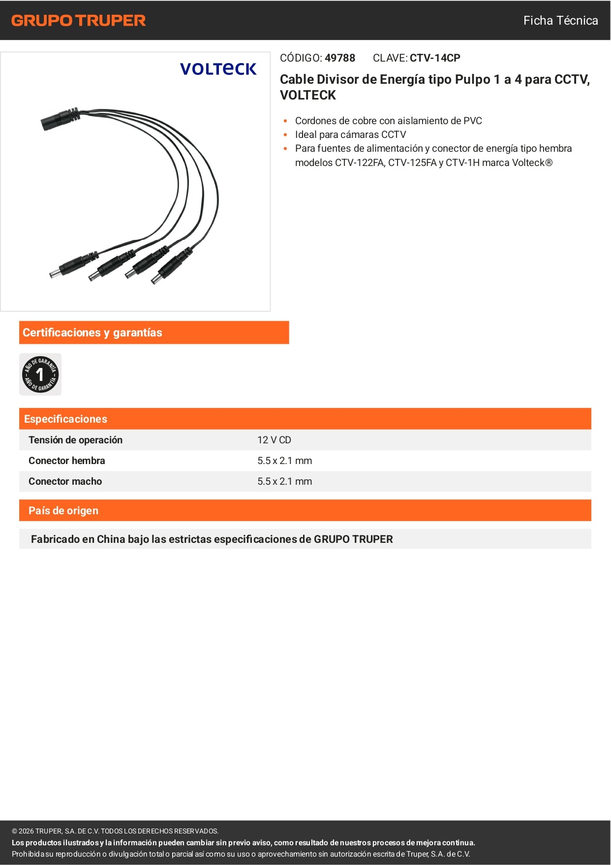 Cable Divisor de Energía tipo Pulpo 1 a 4 para CCTV, VOLTECK
