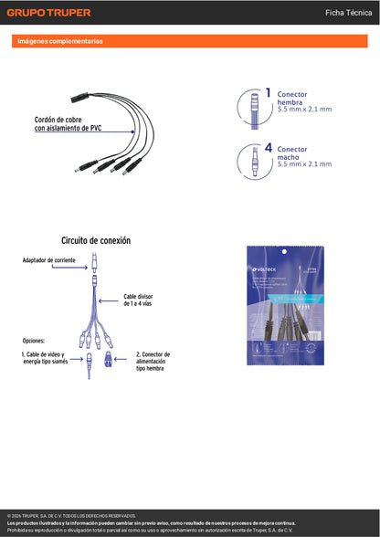 Cable Divisor de Energía tipo Pulpo 1 a 4 para CCTV, VOLTECK