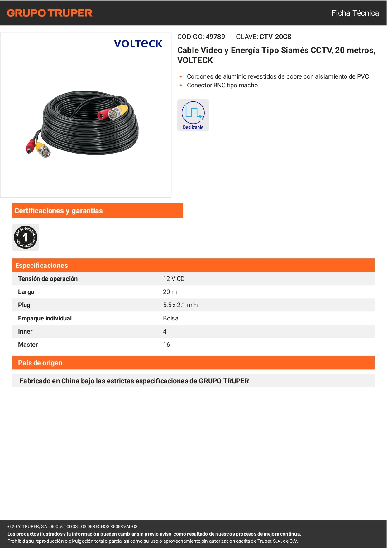 Cable Video y Energía Tipo Siamés CCTV, 20 metros, VOLTECK