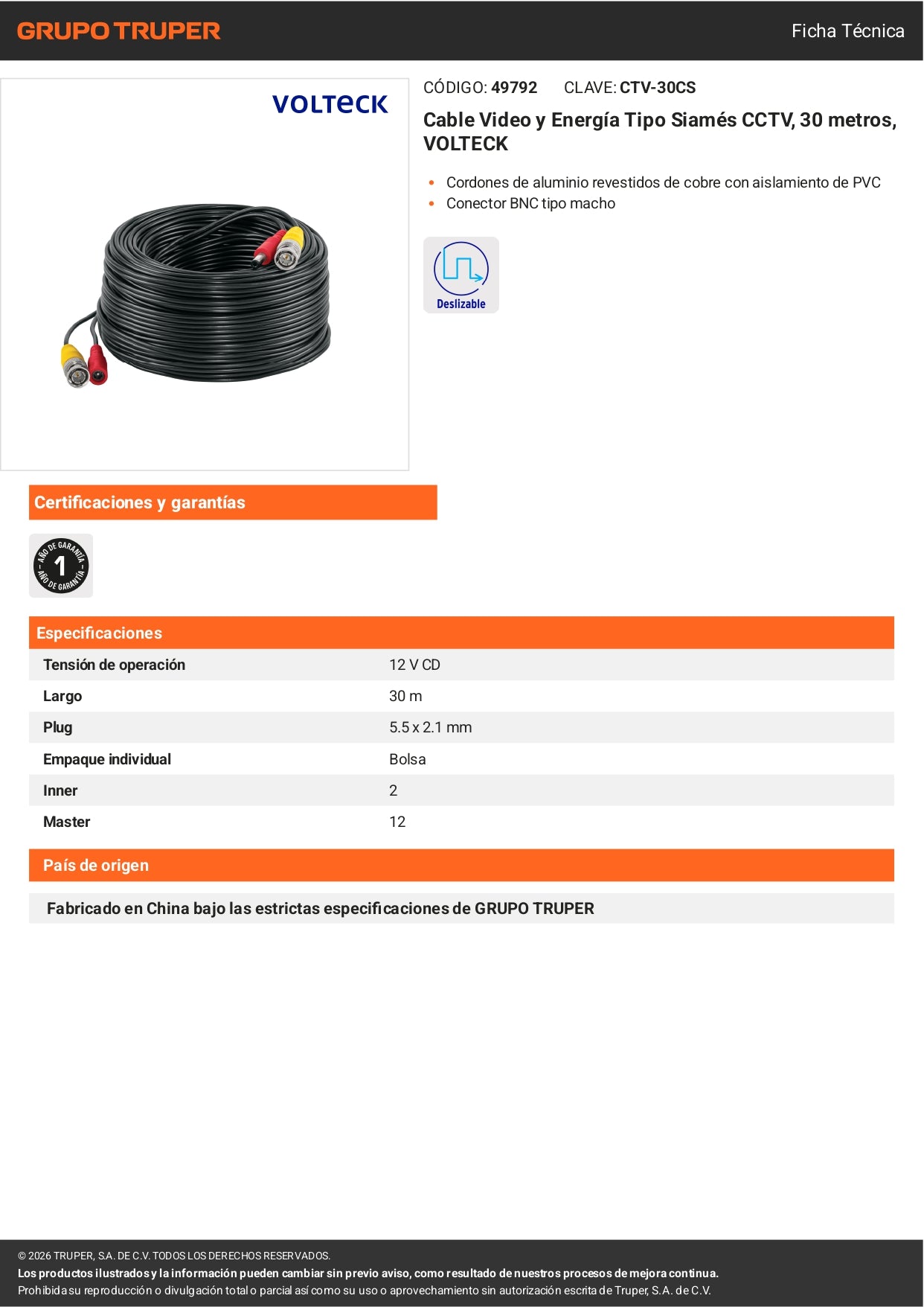 Cable Siamés CCTV 30m Volteck | Video y Energía 2 en 1