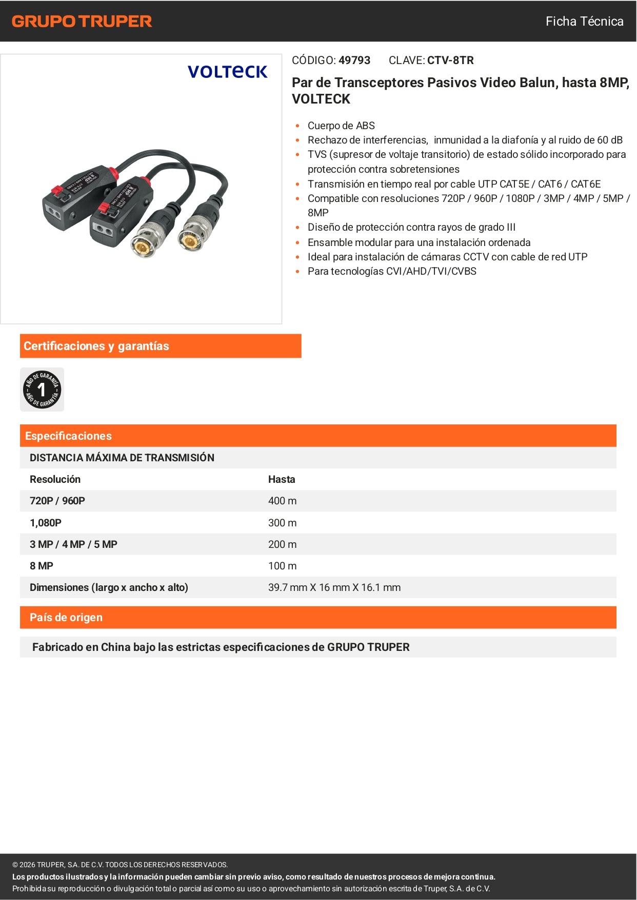 Par de Transceptores Pasivos Video Balun, hasta 8MP, VOLTECK