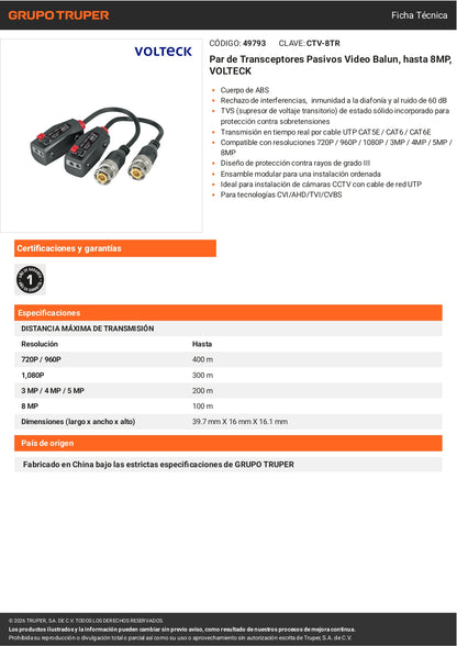 Par de Transceptores Pasivos Video Balun, hasta 8MP, VOLTECK