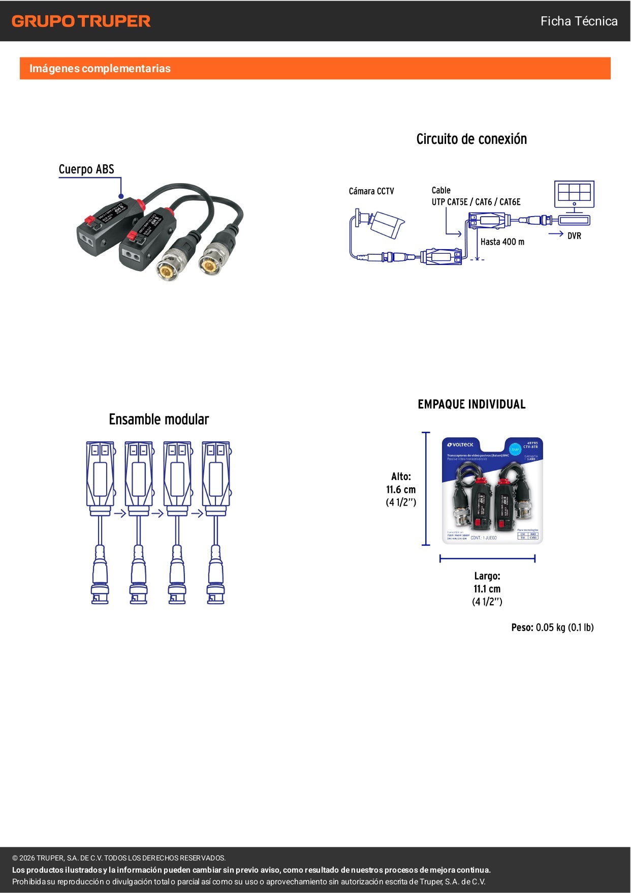 Par de Transceptores Pasivos Video Balun, hasta 8MP, VOLTECK
