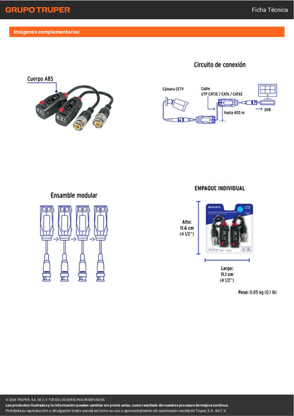 Par de Transceptores Pasivos Video Balun, hasta 8MP, VOLTECK