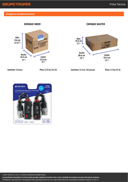 Par de Transceptores Pasivos Video Balun, hasta 8MP, VOLTECK