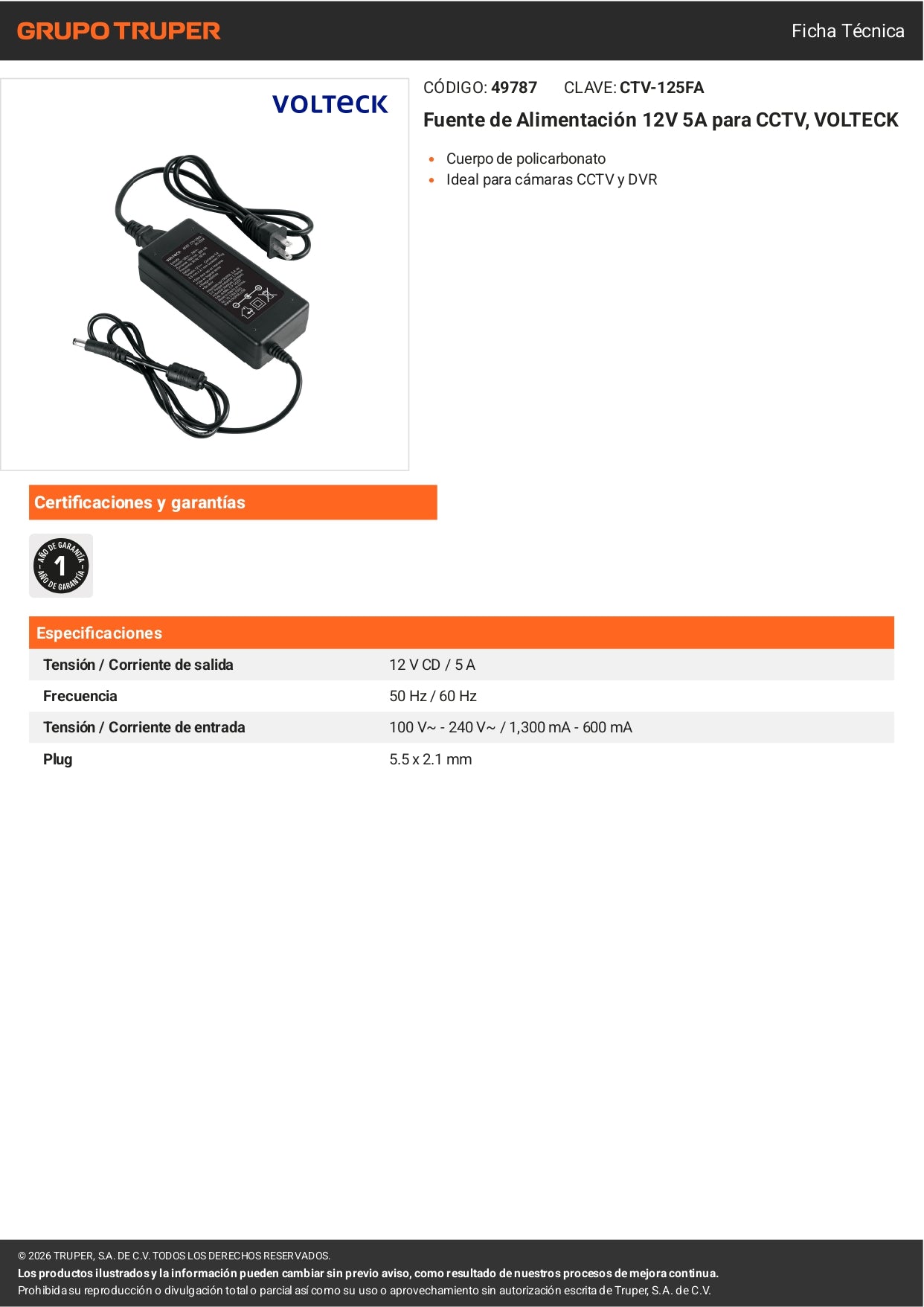 Fuente 12V 5A VOLTECK para CCTV. Alimentación estable para cámaras con cable largo. Ideal para cualquier posicionamiento de instalación. Envío a todo México.
