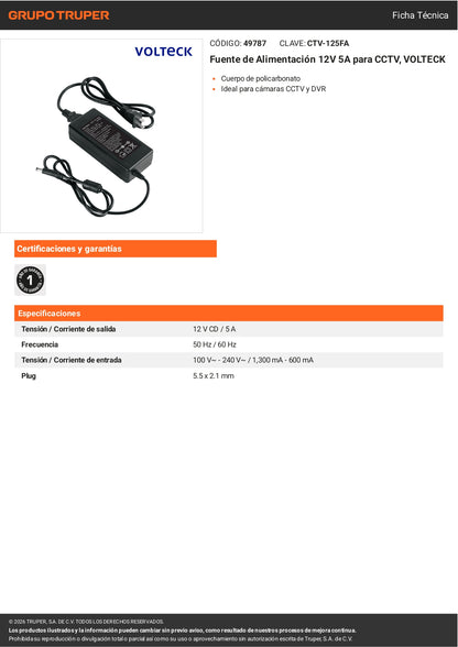 Fuente 12V 5A VOLTECK para CCTV. Alimentación estable para cámaras con cable largo. Ideal para cualquier posicionamiento de instalación. Envío a todo México.