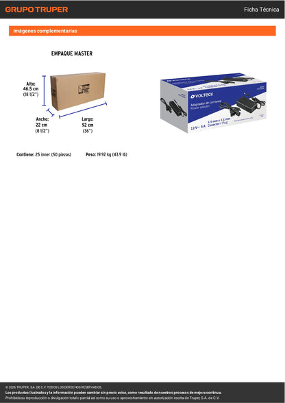 Fuente 12V 5A VOLTECK para CCTV. Alimentación estable para cámaras con cable largo. Ideal para cualquier posicionamiento de instalación. Envío a todo México.