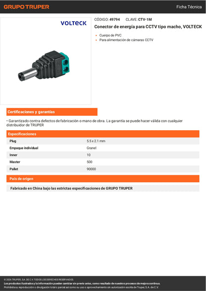 Conector de energía para CCTV tipo macho, VOLTECK