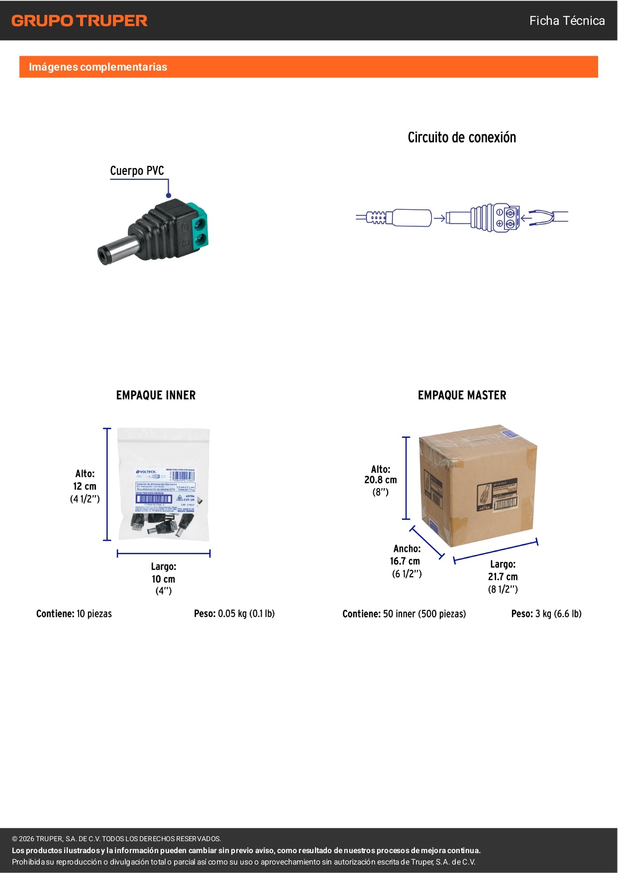 Conector de energía para CCTV tipo macho, VOLTECK