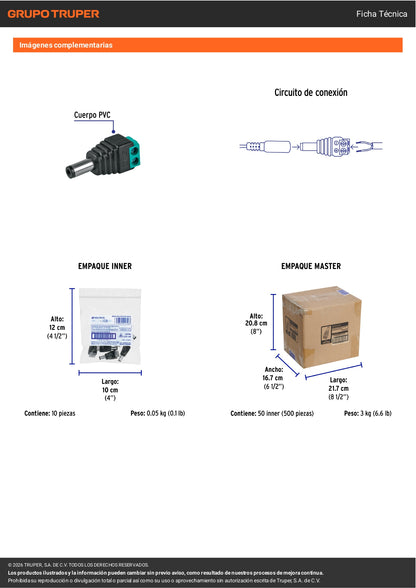 Conector de energía para CCTV tipo macho, VOLTECK