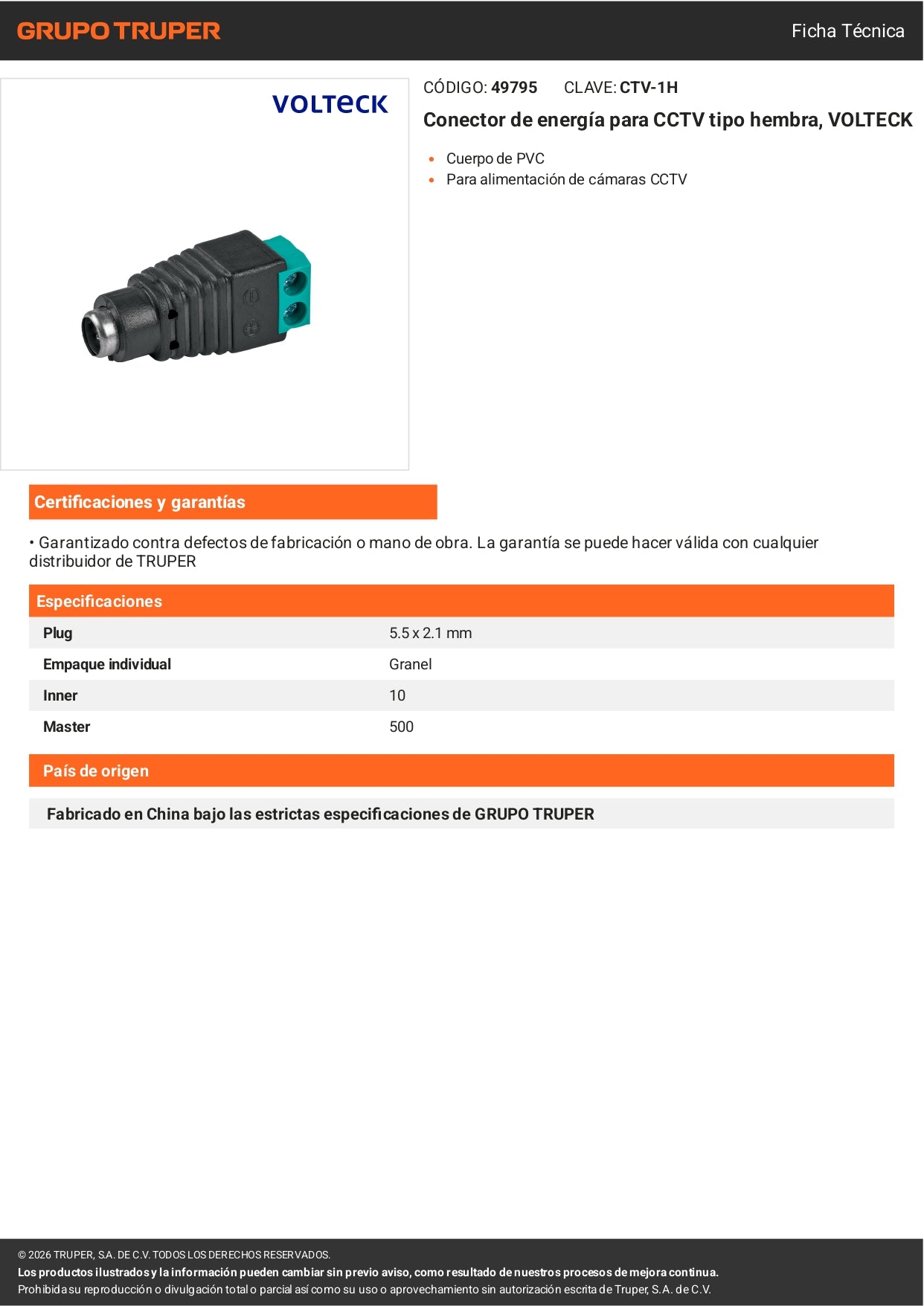Conector de energía para CCTV tipo hembra, VOLTECK
