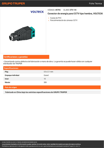 Conector de energía para CCTV tipo hembra, VOLTECK