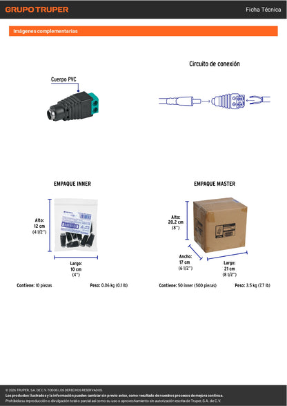 Conector de energía para CCTV tipo hembra, VOLTECK