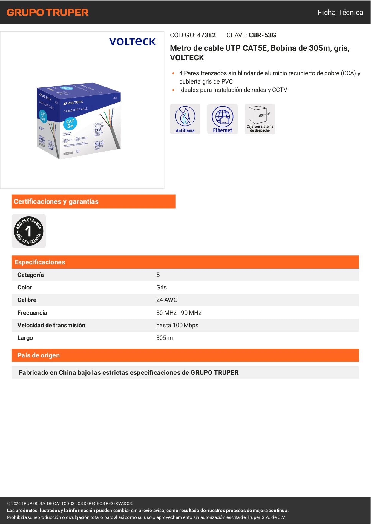 Cable UTP CAT5E 305m Bobina Gris | VOLTECK