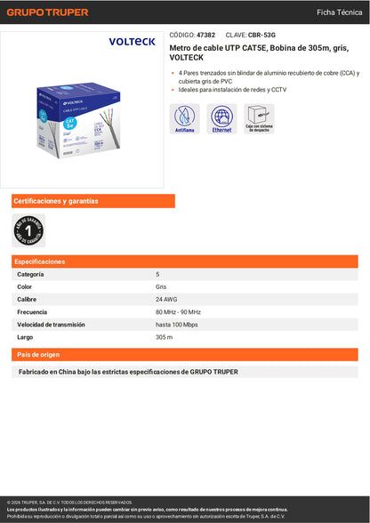 Cable UTP CAT5E 305m Bobina Gris | VOLTECK