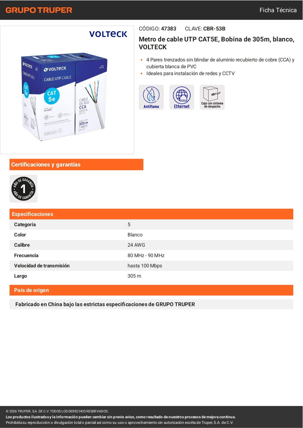 Cable UTP CAT5E VOLTECK en bobina de 305m. Ideal para redes LAN, CCTV y VoIP. Posicionamiento profesional, conductor de cobre sólido.