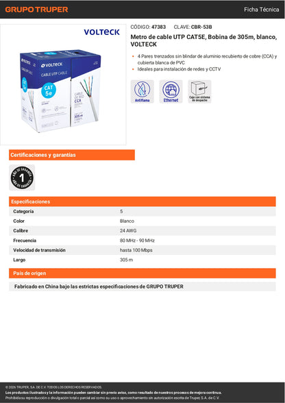 Cable UTP CAT5E VOLTECK en bobina de 305m. Ideal para redes LAN, CCTV y VoIP. Posicionamiento profesional, conductor de cobre sólido.
