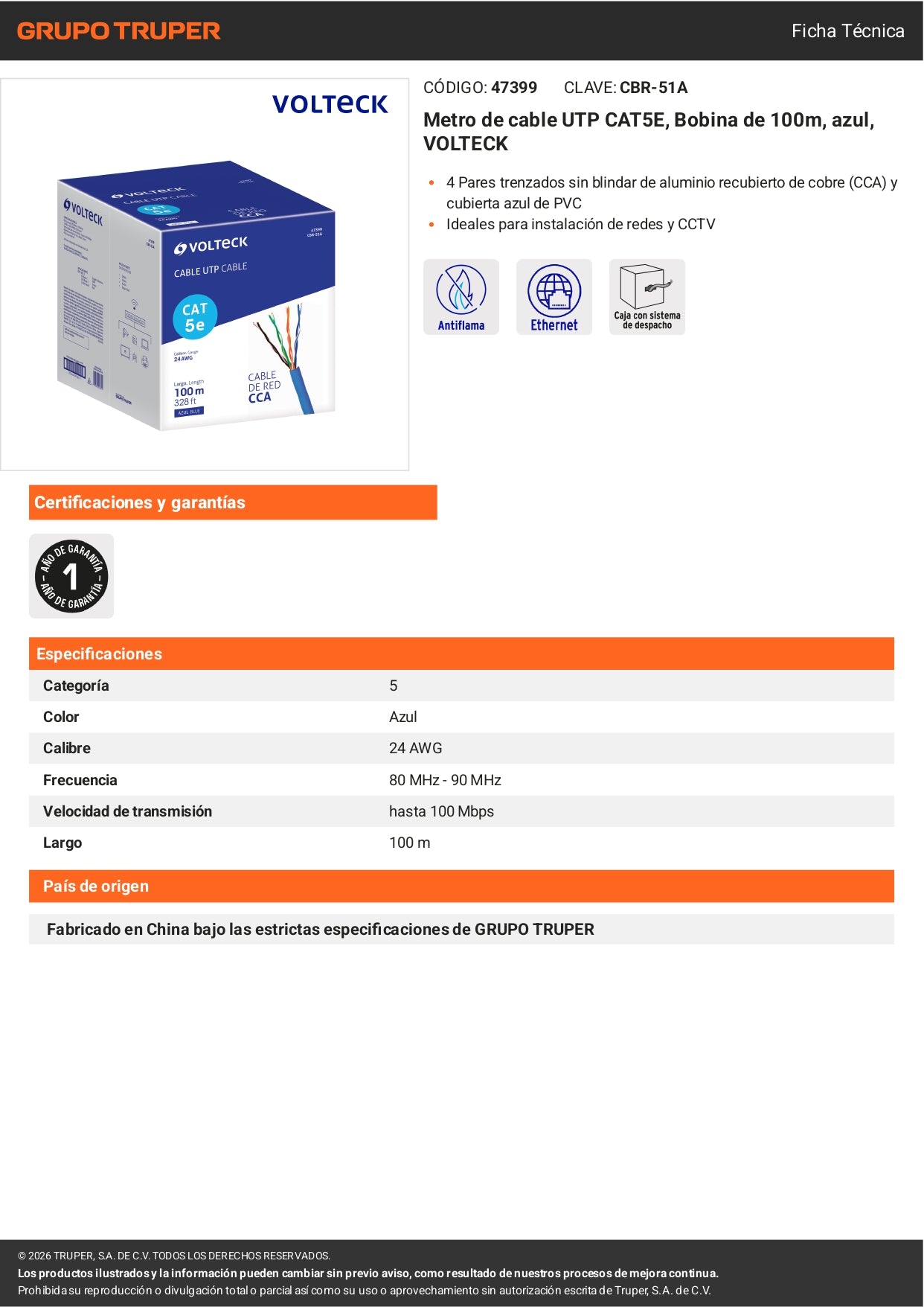 Cable UTP CAT5E VOLTECK por metro, bobina de 100m color azul. Ideal para redes de datos.
