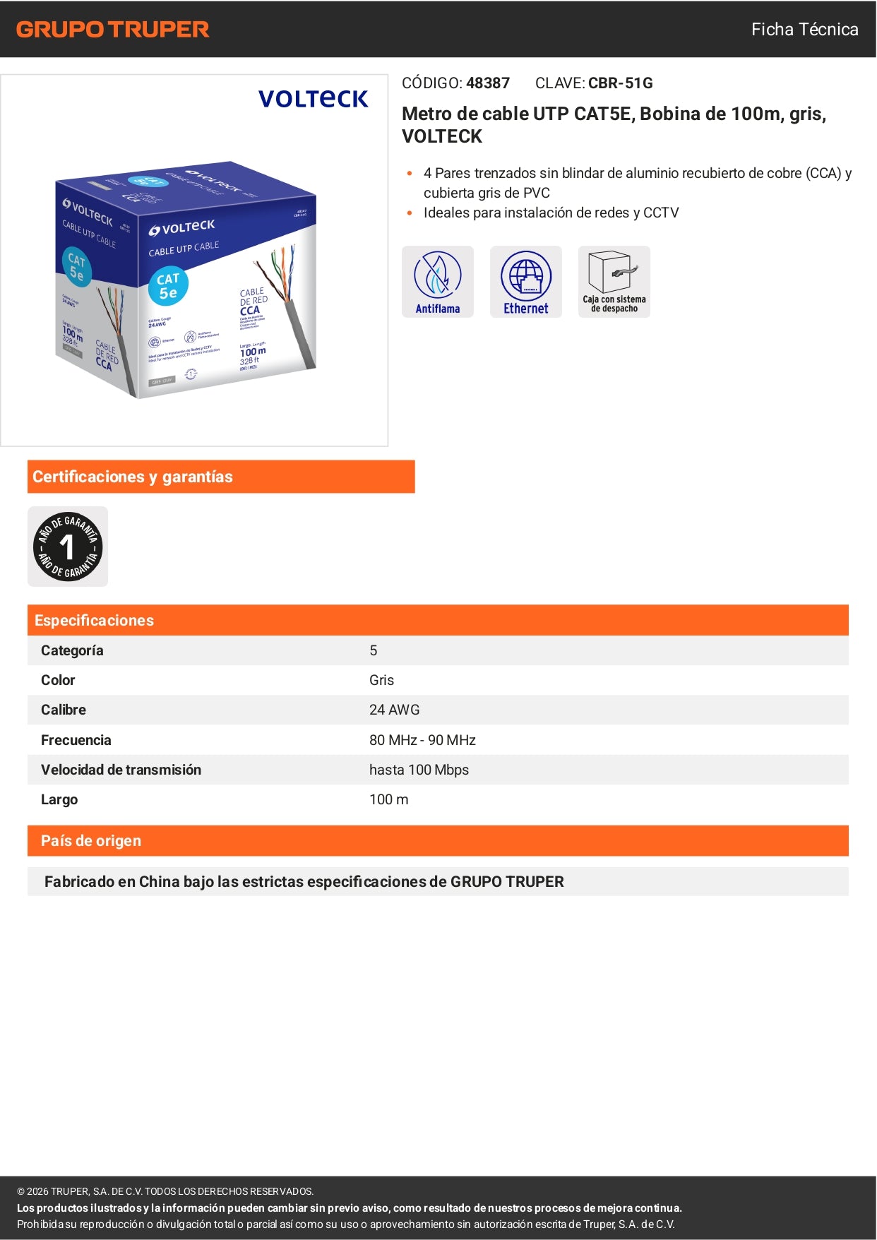 Cable UTP CAT5E 100m Bobina Gris VOLTECK