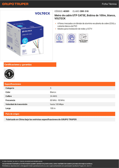 Metro de cable UTP CAT5E, Bobina de 100m, blanco, VOLTECK