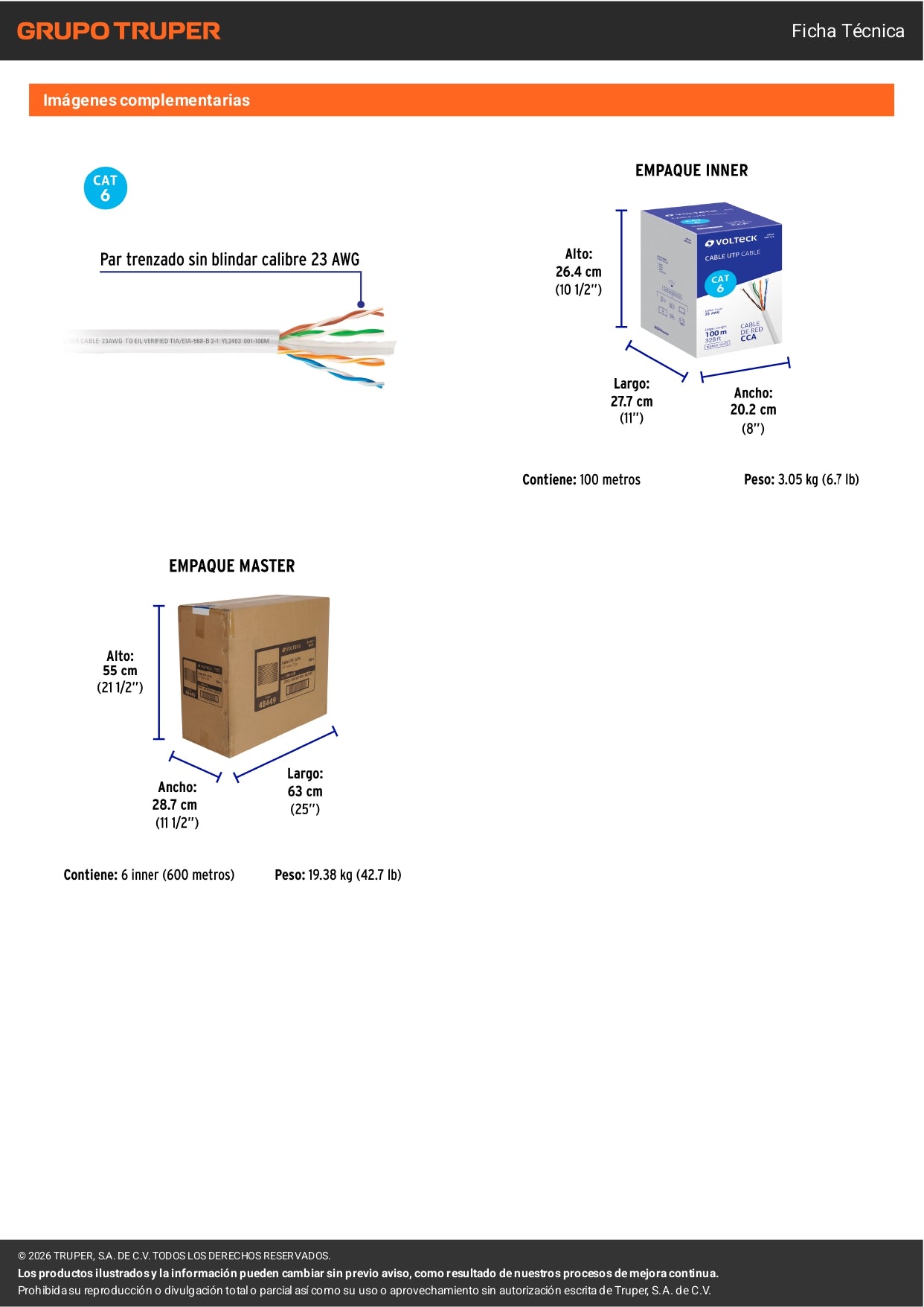 Metro de cable UTP CAT6, Bobina de 100m, blanco, VOLTECK