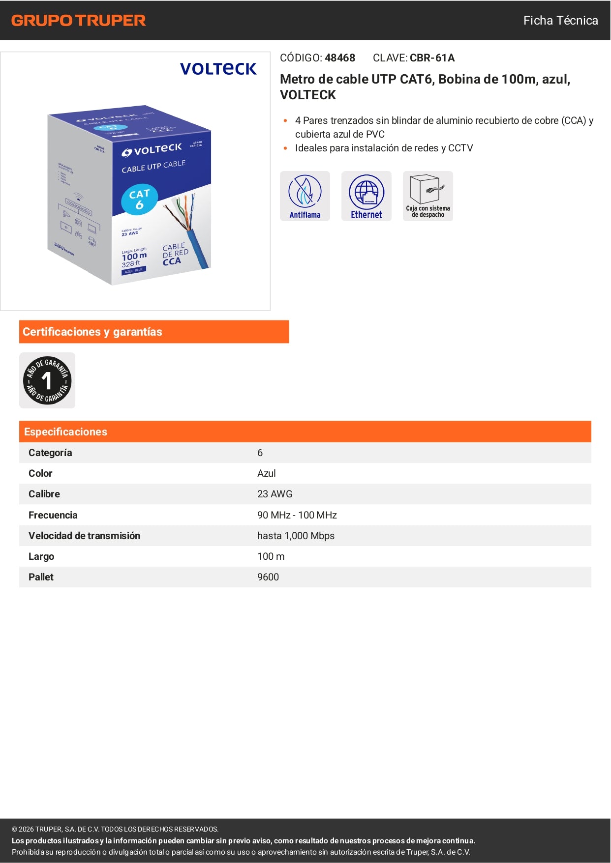 Metro de cable UTP CAT6, Bobina de 100m, azul, VOLTECK