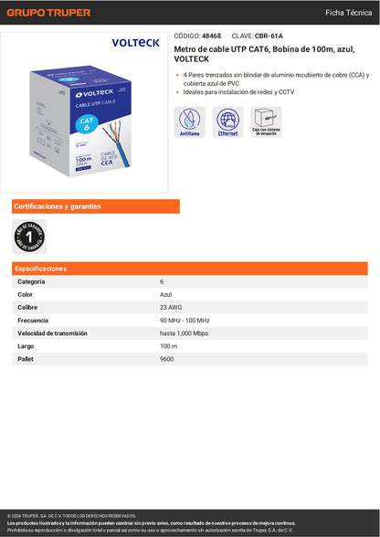 Metro de cable UTP CAT6, Bobina de 100m, azul, VOLTECK