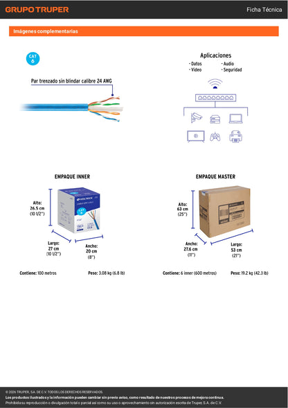 Metro de cable UTP CAT6, Bobina de 100m, azul, VOLTECK