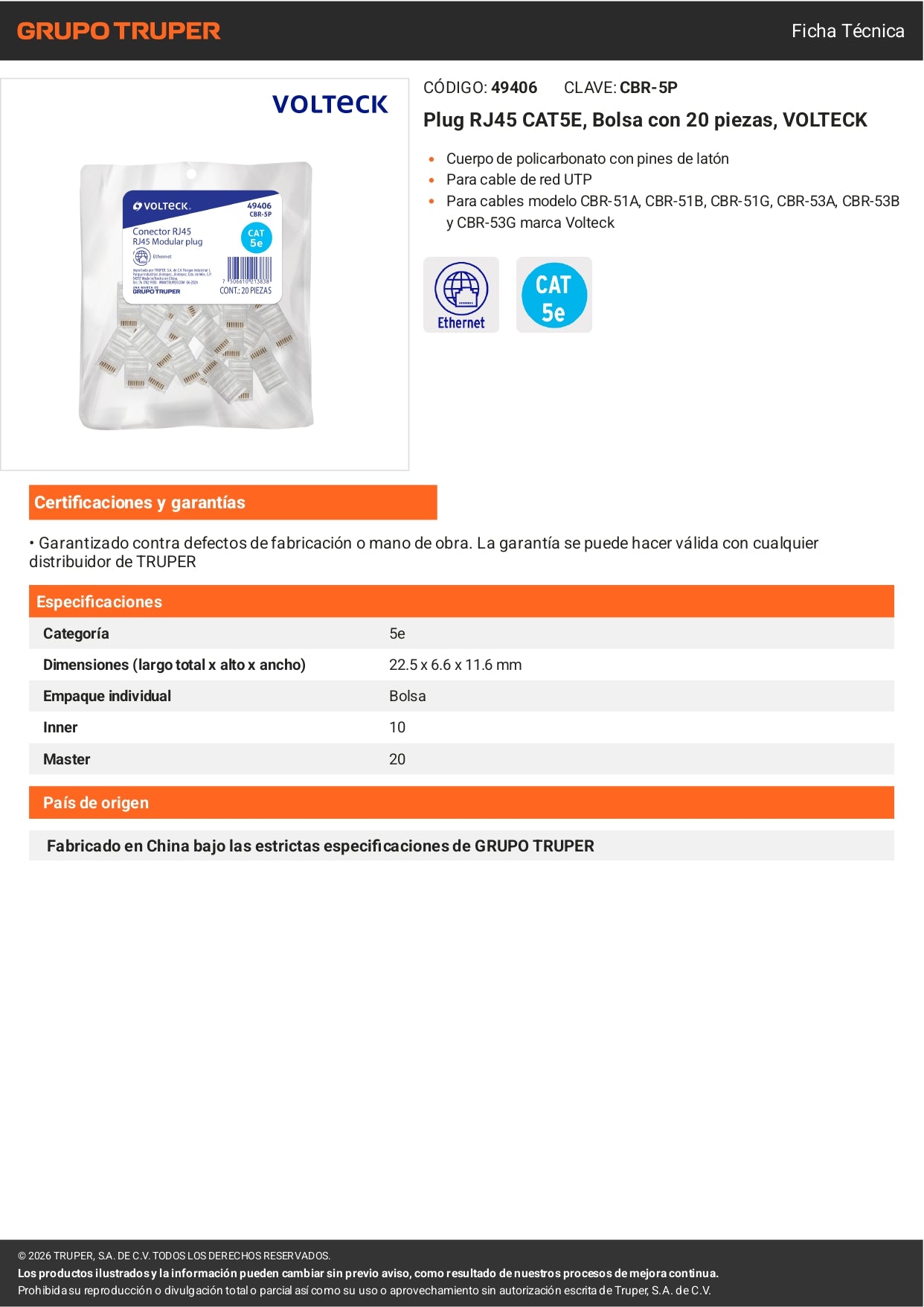 Plug RJ45 CAT5E, Bolsa con 20 piezas, VOLTECK