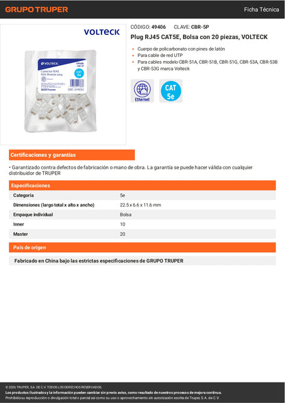 Plug RJ45 CAT5E, Bolsa con 20 piezas, VOLTECK