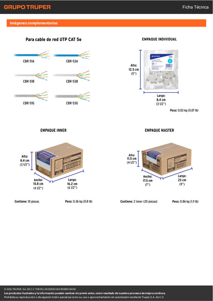 Plug RJ45 CAT5E, Bolsa con 20 piezas, VOLTECK