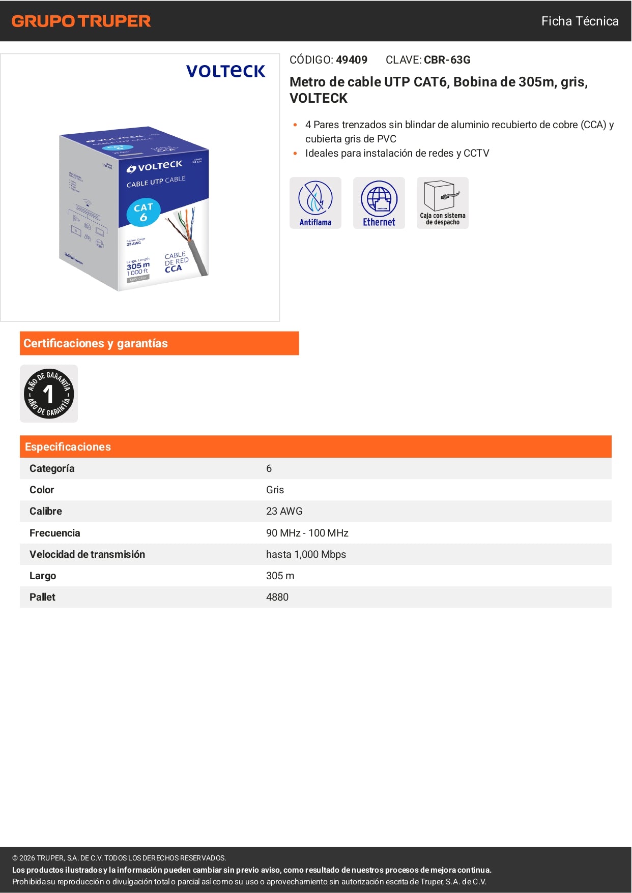 Cable UTP CAT6 305 Metros Bobina Gris VOLTECK