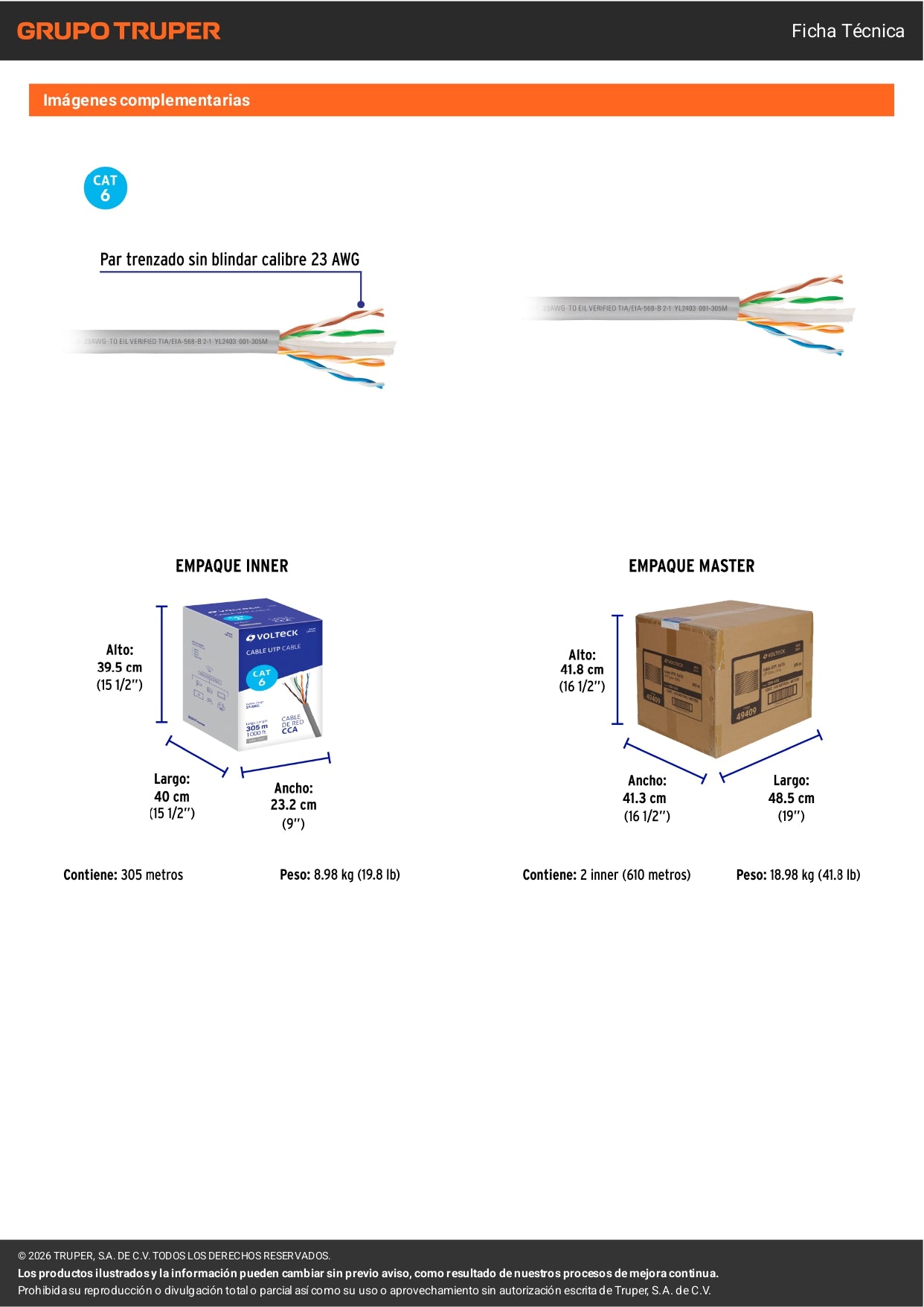 Cable UTP CAT6 305 Metros Bobina Gris VOLTECK